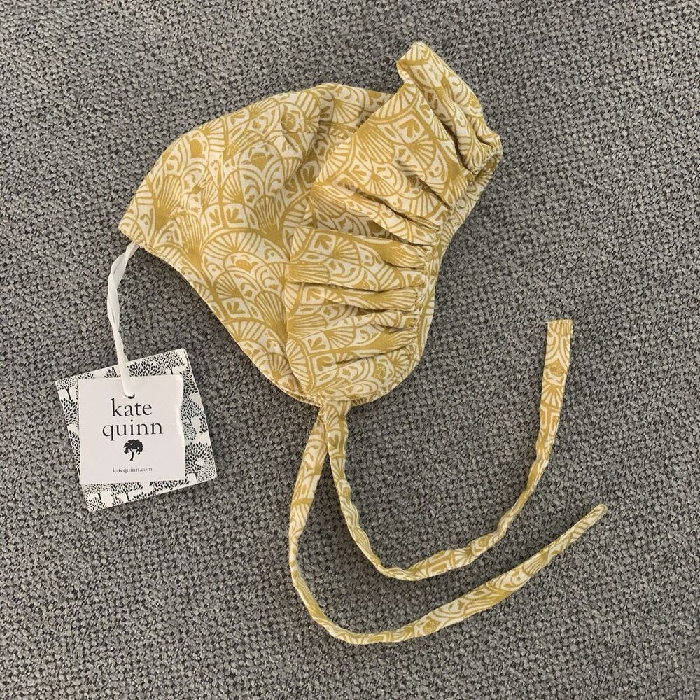 Kate Quinn Bonnet 100% Organic Cotton Yellow White NWT - Infant 0-3 Months